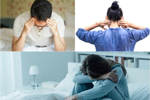 Headaches, pain in the neck and back, and fatigue are all symptoms associated with fibromyalgia Headaches, pain in the neck and back, and fatigue are all symptoms associated with fibromyalgia
